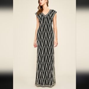 Tadashi Shoji Black Silver Maxi Dress Embroidered Crepe Gown Wedding Guest